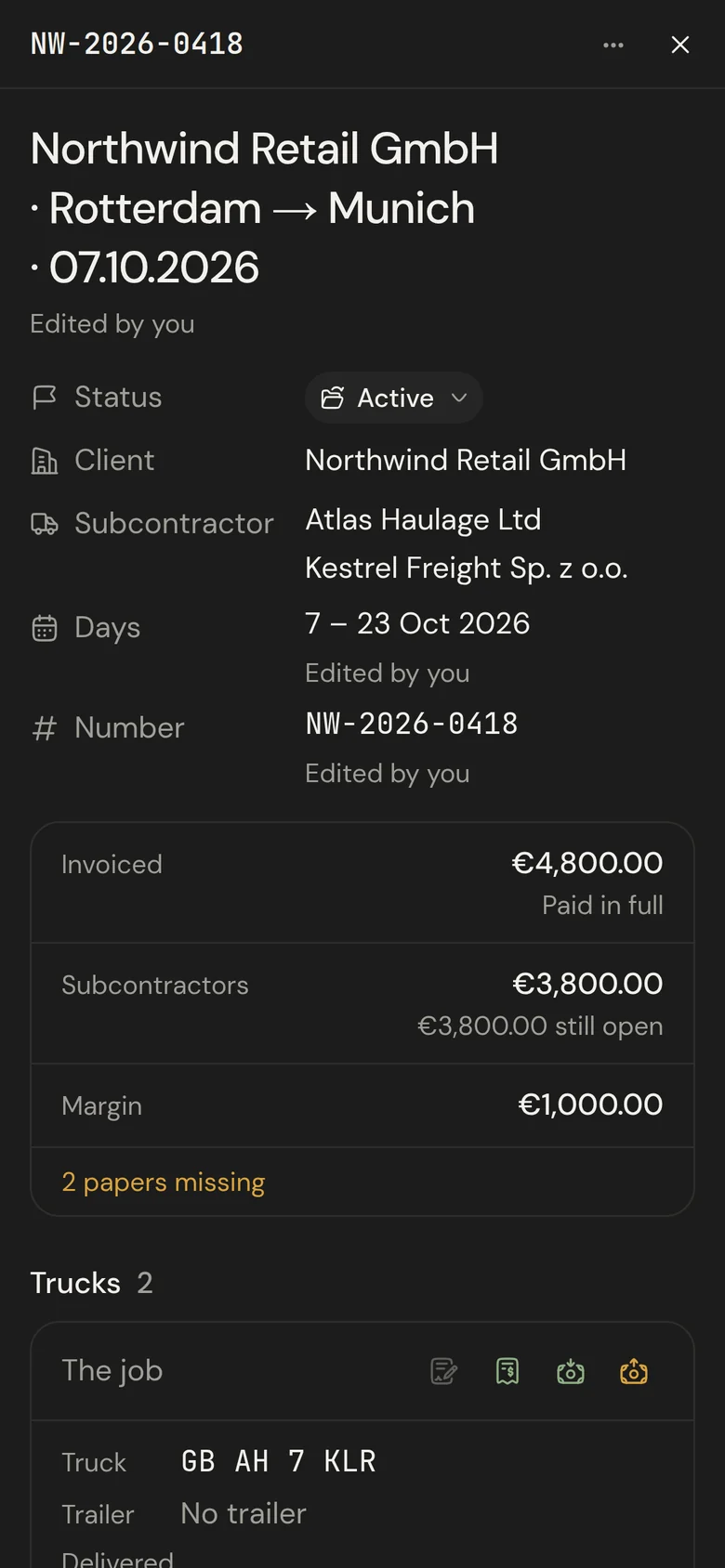 A job in Tamga on a phone: client, subcontractors, what was invoiced and paid, and its trucks